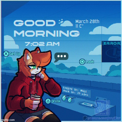 Work day with Nagi.. (art credit: NagiFur on DA) | image tagged in nagifur,furry,work,calm,morning,cartoon | made w/ Imgflip meme maker
