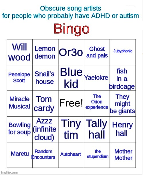 about this bingo... WHERE IS ROMANCEPLANET, TACONIEL, FEMTANYL AND MAILPUP?????!?!?!?;-$67753#+6$+63$$ | image tagged in obscure song artists for people who probably have adhd or autism | made w/ Imgflip meme maker