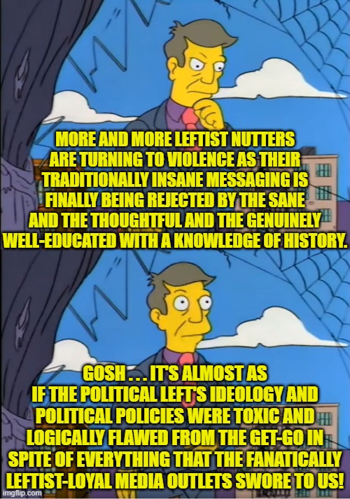 Yeah . . . you are finally 'getting it' Skinner -- but just a day late and a dollar short. | MORE AND MORE LEFTIST NUTTERS ARE TURNING TO VIOLENCE AS THEIR TRADITIONALLY INSANE MESSAGING IS FINALLY BEING REJECTED BY THE SANE AND THE THOUGHTFUL AND THE GENUINELY WELL-EDUCATED WITH A KNOWLEDGE OF HISTORY. GOSH . . . IT'S ALMOST AS IF THE POLITICAL LEFT'S IDEOLOGY AND POLITICAL POLICIES WERE TOXIC AND LOGICALLY FLAWED FROM THE GET-GO IN SPITE OF EVERYTHING THAT THE FANATICALLY LEFTIST-LOYAL MEDIA OUTLETS SWORE TO US! | image tagged in skinner out of touch | made w/ Imgflip meme maker