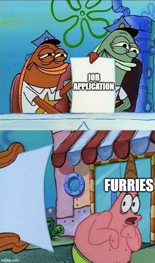heh. Furries are dumb | JOB APPLICATION; FURRIES | image tagged in patrick scared,job,get a job,furries,memes,get a life | made w/ Imgflip meme maker