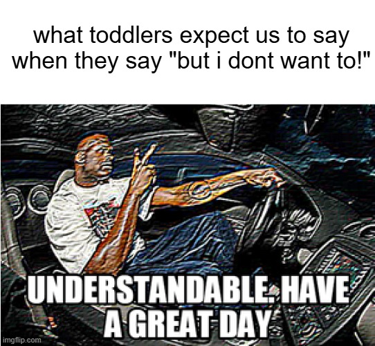 kids theese days | what toddlers expect us to say when they say "but i dont want to!" | image tagged in understandable have a great day | made w/ Imgflip meme maker