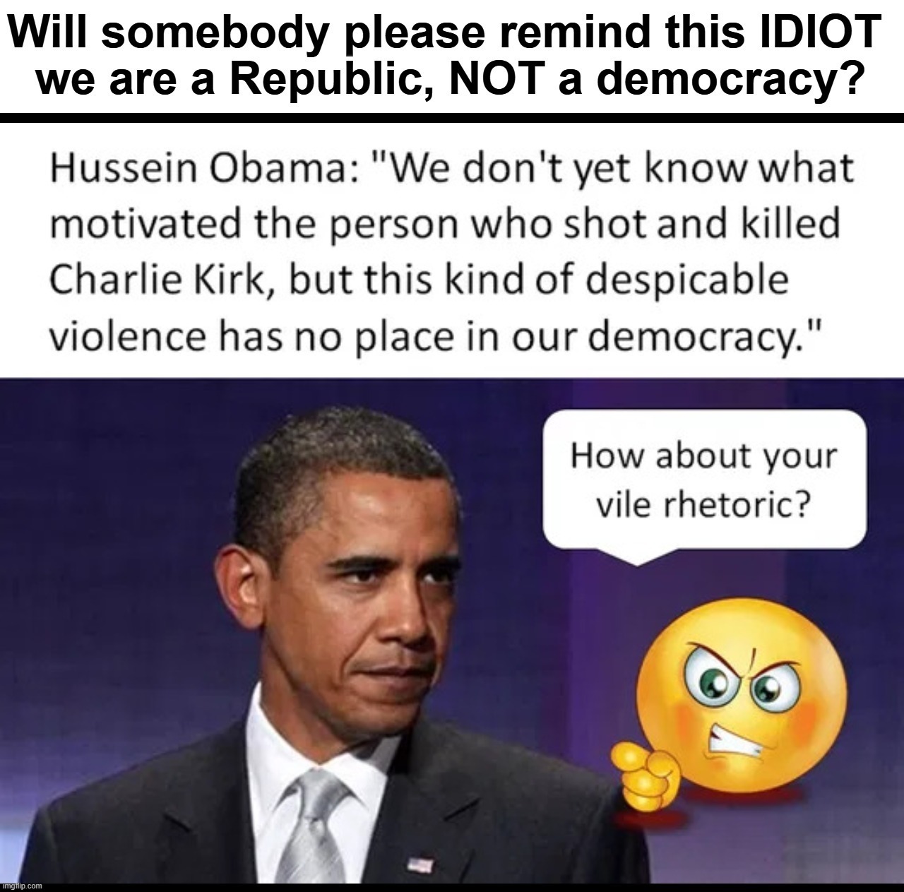 Will somebody please remind this IDIOT we are a Republic, NOT a democracy? | image tagged in barack hussein obama,idiot,stupid liberals,stupid people be like,barack obama,never go full retard | made w/ Imgflip meme maker