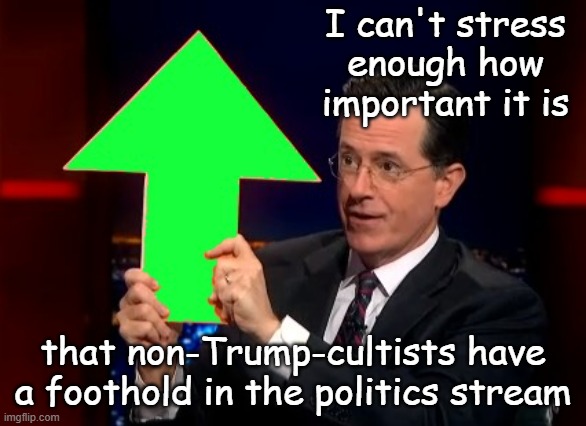 I can't stress
enough how
important it is that non-Trump-cultists have a foothold in the politics stream | image tagged in upvotes | made w/ Imgflip meme maker