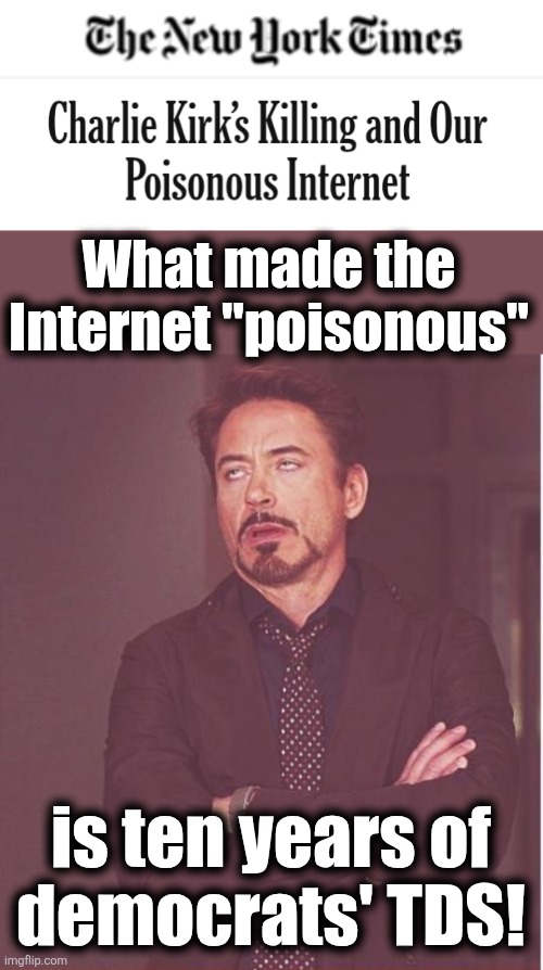 Now it's the Internet's fault | What made the Internet "poisonous"; is ten years of
democrats' TDS! | image tagged in memes,face you make robert downey jr,trump derangement syndrome,new york times,charlie kirk,democrats | made w/ Imgflip meme maker