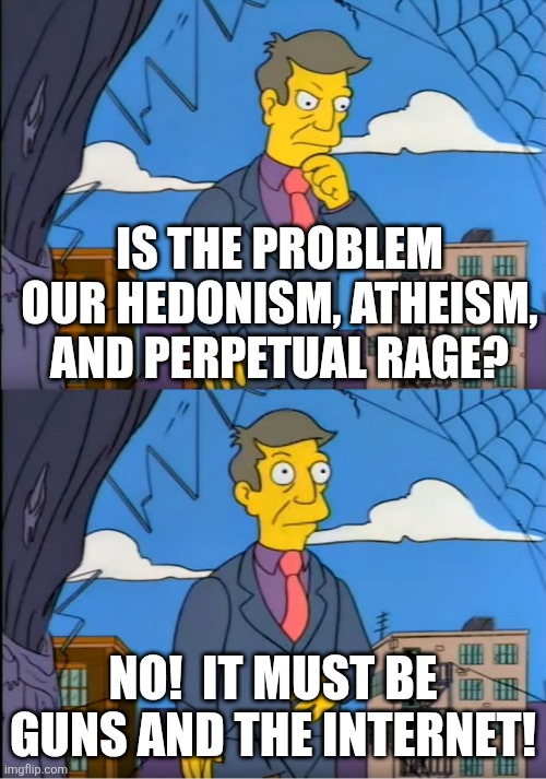 Skinner Out Of Touch | IS THE PROBLEM OUR HEDONISM, ATHEISM, AND PERPETUAL RAGE? NO!  IT MUST BE GUNS AND THE INTERNET! | image tagged in skinner out of touch | made w/ Imgflip meme maker