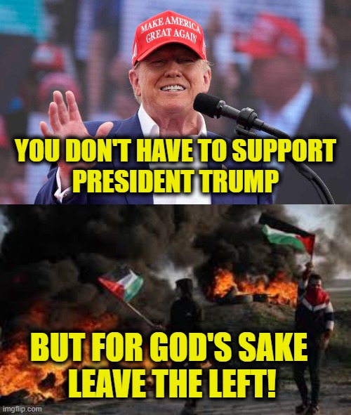 Don't support Leftist hate & violence | YOU DON'T HAVE TO SUPPORT
PRESIDENT TRUMP; BUT FOR GOD'S SAKE 
LEAVE THE LEFT! | image tagged in leftists | made w/ Imgflip meme maker