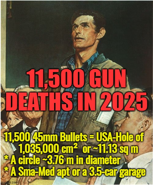 The USA-Hole is HUGE | 11,500 GUN DEATHS IN 2025; 11,500 45mm Bullets = USA-Hole of 
      1,035,000 cm²  or ~11.13 sq m
* A circle ~3.76 m in diameter  
* A Sma-Med apt or a 3.5-car garage | image tagged in speech normal rockwell,gun deaths in usa,the usa-hole | made w/ Imgflip meme maker