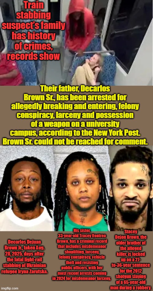 . LBJ began the destruction of Black families. The Great society & War on poverty policies | Train stabbing suspect’s family has history of crimes, records show; Their father, Decarlos Brown Sr., has been arrested for allegedly breaking and entering, felony conspiracy, larceny and possession of a weapon on a university campus, according to the New York Post. Brown Sr. could not be reached for comment. Stacey Dejon Brown, the older brother of the alleged killer, is locked up on a 27- to-36-year sentence for the 2012 shotgun slaying of a 65-year-old man during a robbery. His sister, 33-year-old Tracey Vontrea Brown, has a criminal record that includes misdemeanor shoplifting, larceny, felony conspiracy, vehicle theft and resisting public officers, with her most recent arrests coming in 2024 for misdemeanor larceny, Decarlos Dejuan Brown Jr., taken Aug. 28, 2025, days after the fatal light-rail stabbing of Ukrainian refugee Iryna Zarutska. | made w/ Imgflip meme maker