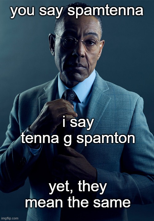 meme | you say spamtenna; i say tenna g spamton; yet, they mean the same | image tagged in gus fring we are not the same | made w/ Imgflip meme maker