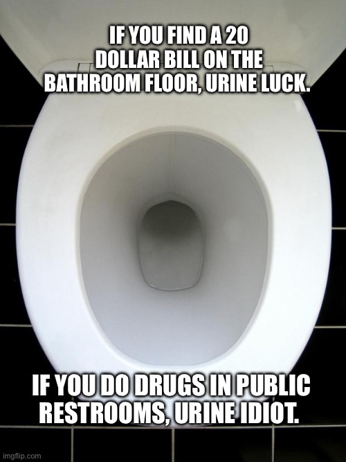 Dear homeless ppl, learn your manners | IF YOU FIND A 20 DOLLAR BILL ON THE BATHROOM FLOOR, URINE LUCK. IF YOU DO DRUGS IN PUBLIC RESTROOMS, URINE IDIOT. | image tagged in toilet,etiquette,public restrooms,funny | made w/ Imgflip meme maker
