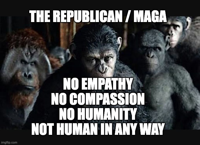 REPUBLICANS ARE MONKEYS | THE REPUBLICAN / MAGA; NO EMPATHY
NO COMPASSION
NO HUMANITY
NOT HUMAN IN ANY WAY | image tagged in planet of the apes 2 | made w/ Imgflip meme maker