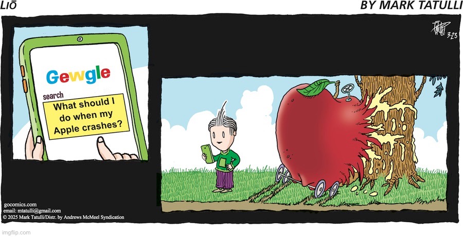 image tagged in comics,lio,apple,crashes,google search | made w/ Imgflip meme maker