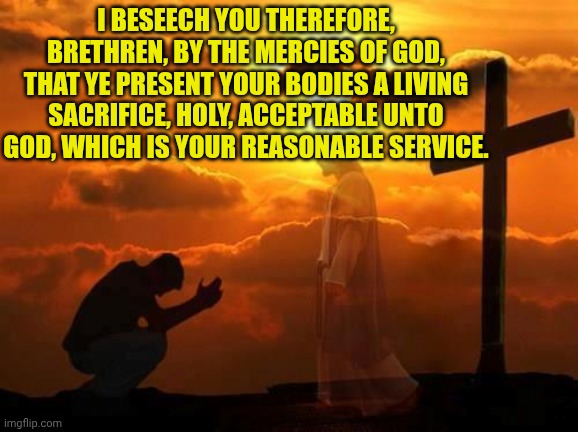Kneeling man | I BESEECH YOU THEREFORE, BRETHREN, BY THE MERCIES OF GOD, THAT YE PRESENT YOUR BODIES A LIVING SACRIFICE, HOLY, ACCEPTABLE UNTO GOD, WHICH IS YOUR REASONABLE SERVICE. | image tagged in kneeling man | made w/ Imgflip meme maker