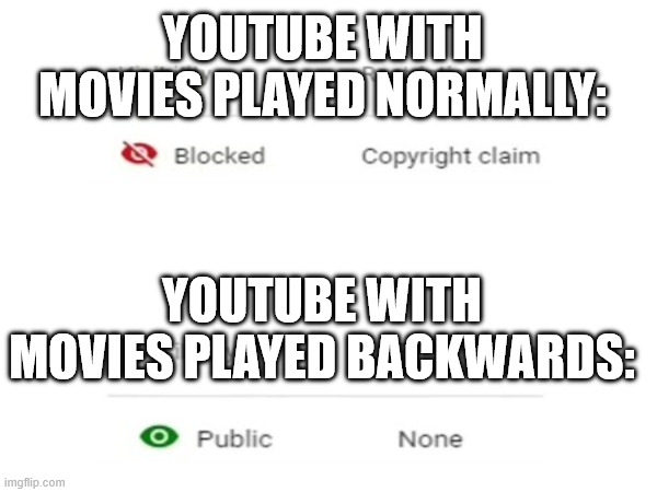 Reversed Youtube | YOUTUBE WITH MOVIES PLAYED NORMALLY:; YOUTUBE WITH MOVIES PLAYED BACKWARDS: | image tagged in so true memes | made w/ Imgflip meme maker