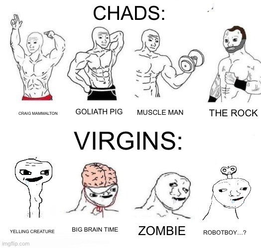 qwertyuiopasdfghjklzxcvbnm (just pure random) | CHADS:; THE ROCK; GOLIATH PIG; MUSCLE MAN; CRAIG MAMMALTON; VIRGINS:; BIG BRAIN TIME; ZOMBIE; YELLING CREATURE; ROBOTBOY…? | image tagged in x in the past vs x now,random,random bullshit go,out of context,no context,virgin and chad | made w/ Imgflip meme maker