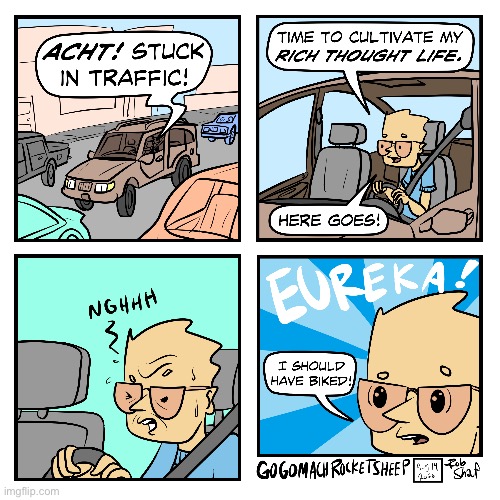GoGoMachRocketSheep | image tagged in comics,gogomachrocketsheep,traffic,thinking,shoulda road a bike | made w/ Imgflip meme maker