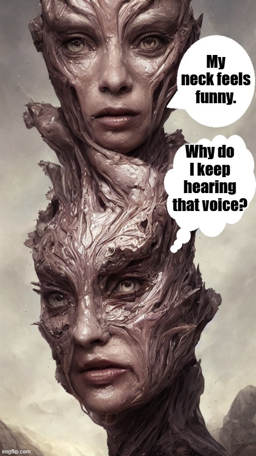 Two Heads | My neck feels funny. Why do I keep hearing that voice? | image tagged in two heads | made w/ Imgflip meme maker