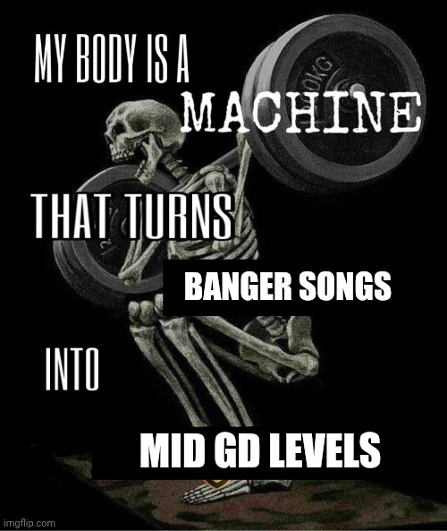 My body is machine | BANGER SONGS; MID GD LEVELS | image tagged in my body is machine | made w/ Imgflip meme maker