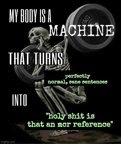 My body is machine | perfectly normal, sane sentences; "holy shit is that an mcr reference" | image tagged in my body is machine | made w/ Imgflip meme maker