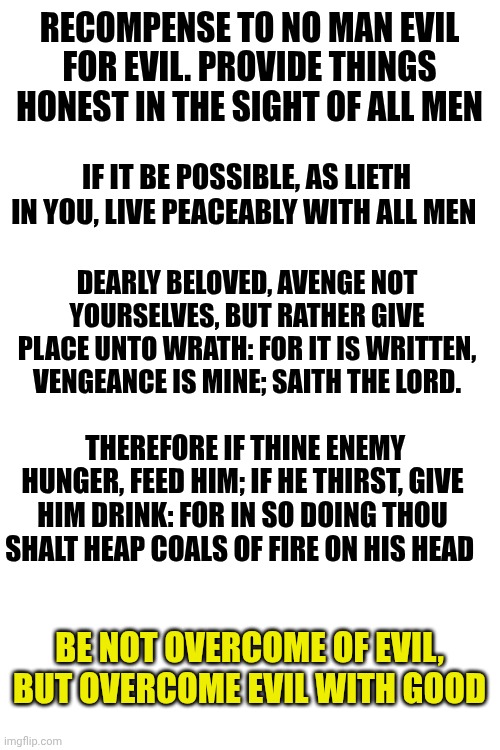 RECOMPENSE TO NO MAN EVIL FOR EVIL. PROVIDE THINGS HONEST IN THE SIGHT OF ALL MEN; IF IT BE POSSIBLE, AS LIETH IN YOU, LIVE PEACEABLY WITH ALL MEN; DEARLY BELOVED, AVENGE NOT YOURSELVES, BUT RATHER GIVE PLACE UNTO WRATH: FOR IT IS WRITTEN, VENGEANCE IS MINE; SAITH THE LORD. THEREFORE IF THINE ENEMY HUNGER, FEED HIM; IF HE THIRST, GIVE HIM DRINK: FOR IN SO DOING THOU SHALT HEAP COALS OF FIRE ON HIS HEAD; BE NOT OVERCOME OF EVIL, BUT OVERCOME EVIL WITH GOOD | image tagged in blank white template | made w/ Imgflip meme maker