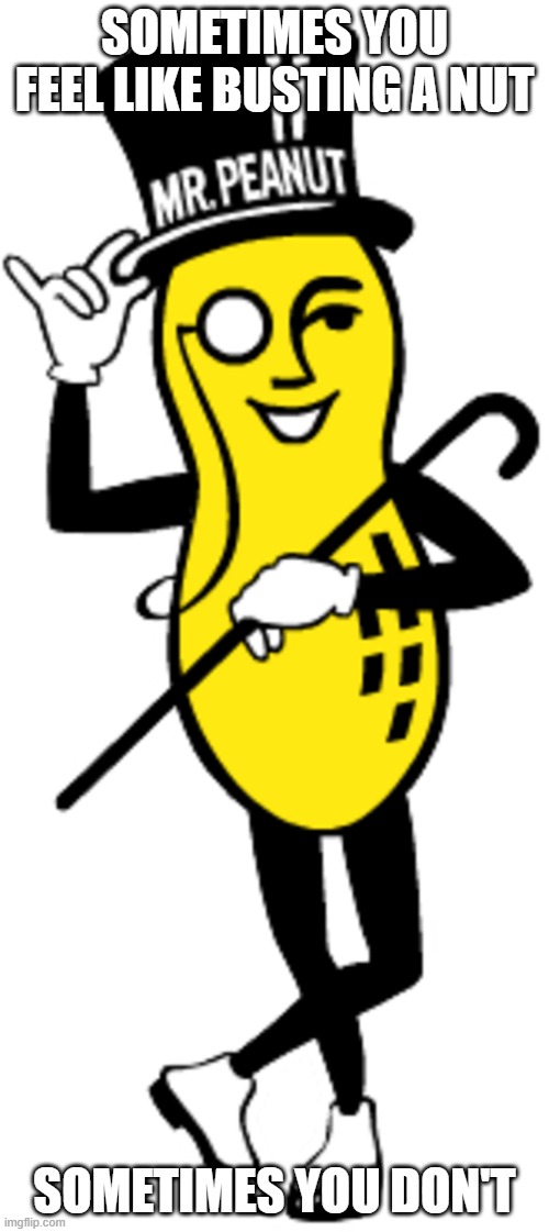 sometimes you feel like a nut | SOMETIMES YOU FEEL LIKE BUSTING A NUT; SOMETIMES YOU DON'T | image tagged in planter's peanuts man,nut | made w/ Imgflip meme maker