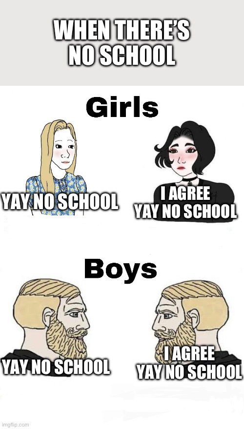 Girls vs Boys | WHEN THERE’S NO SCHOOL; I AGREE YAY NO SCHOOL; YAY NO SCHOOL; I AGREE YAY NO SCHOOL; YAY NO SCHOOL | image tagged in girls vs boys | made w/ Imgflip meme maker