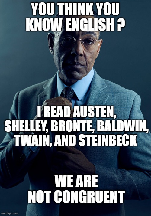 not same | YOU THINK YOU KNOW ENGLISH ? I READ AUSTEN, SHELLEY, BRONTE, BALDWIN, TWAIN, AND STEINBECK; WE ARE NOT CONGRUENT | image tagged in gus fring we are not the same | made w/ Imgflip meme maker