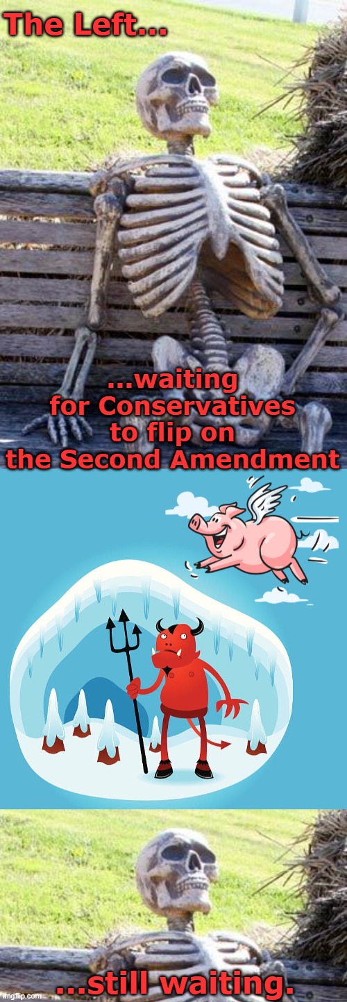 Yeah, not gonna happen... | The Left... ...waiting for Conservatives to flip on the Second Amendment; ...still waiting. | image tagged in second amendment,charlie kirk | made w/ Imgflip meme maker