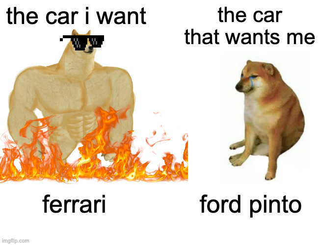 Ferrari vs ford | the car i want; the car that wants me; ferrari; ford pinto | image tagged in memes,buff doge vs cheems | made w/ Imgflip meme maker