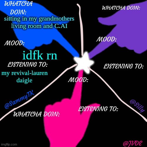 SJS shared temp. | sitting in my grandmothers living room and C.AI; idfk rn; my revival-lauren daigle | image tagged in sjs shared temp | made w/ Imgflip meme maker