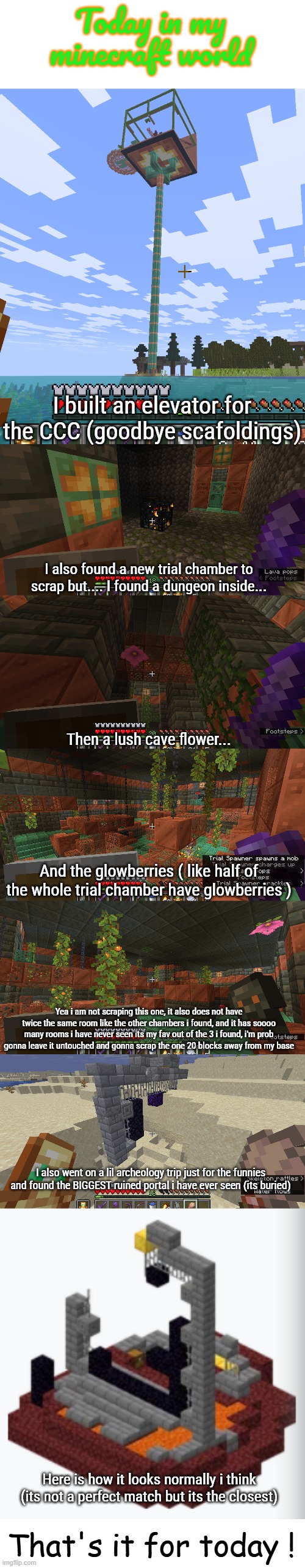 I mostly composed music and cleaned the house today so not too much happened but ts still cool | Today in my minecraft world; I built an elevator for the CCC (goodbye scafoldings); I also found a new trial chamber to scrap but.... I found a dungeon inside... Then a lush cave flower... And the glowberries ( like half of the whole trial chamber have glowberries ); Yea i am not scraping this one, it also does not have twice the same room like the other chambers i found, and it has soooo many rooms i have never seen its my fav out of the 3 i found, i'm prob gonna leave it untouched and gonna scrap the one 20 blocks away from my base; I also went on a lil archeology trip just for the funnies and found the BIGGEST ruined portal i have ever seen (its buried); Here is how it looks normally i think (its not a perfect match but its the closest); That's it for today ! | made w/ Imgflip meme maker