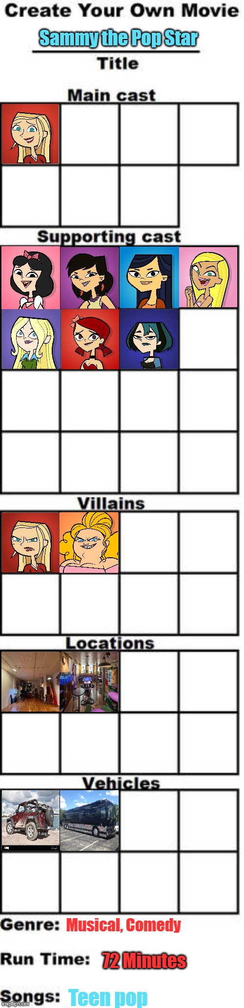 Sammy the Pop Star | Sammy the Pop Star; Musical, Comedy; 72 Minutes; Teen pop | image tagged in create your own movie meme template,total drama,pop music | made w/ Imgflip meme maker