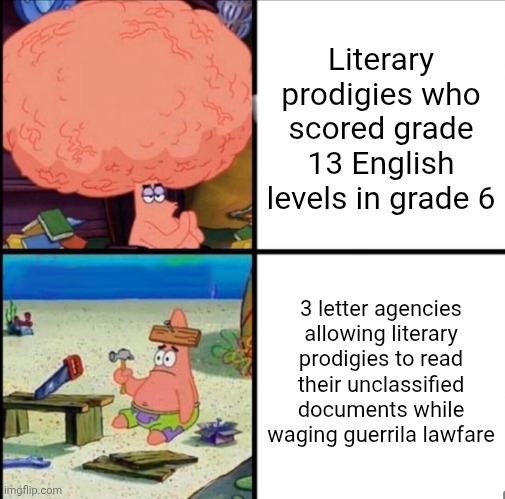 There's only so far a university education and the weight of government backing can take you | Literary prodigies who scored grade 13 English levels in grade 6; 3 letter agencies allowing literary prodigies to read their unclassified documents while waging guerrila lawfare | image tagged in patrick big brain | made w/ Imgflip meme maker