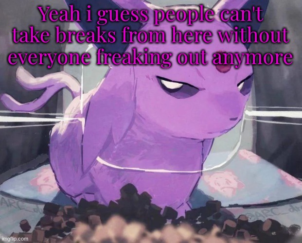 Espeon | Yeah i guess people can't take breaks from here without everyone freaking out anymore | image tagged in espeon | made w/ Imgflip meme maker