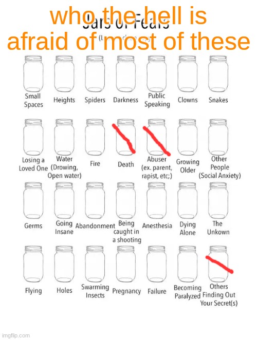 Jar of fears clear version | who the hell is afraid of most of these | image tagged in jar of fears clear version | made w/ Imgflip meme maker