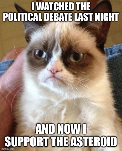 I WATCHED THE POLITICAL DEBATE LAST NIGHT; AND NOW I SUPPORT THE ASTEROID | I WATCHED THE POLITICAL DEBATE LAST NIGHT; AND NOW I SUPPORT THE ASTEROID | image tagged in memes,grumpy cat,politicians suck,politics suck,asteroid,apocalypse | made w/ Imgflip meme maker