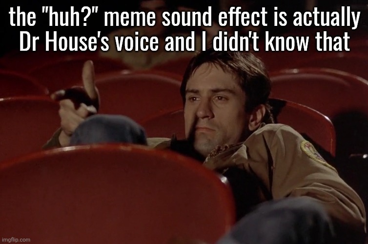 Robert De Niro in movie theater | the "huh?" meme sound effect is actually Dr House's voice and I didn't know that | image tagged in robert de niro in movie theater | made w/ Imgflip meme maker