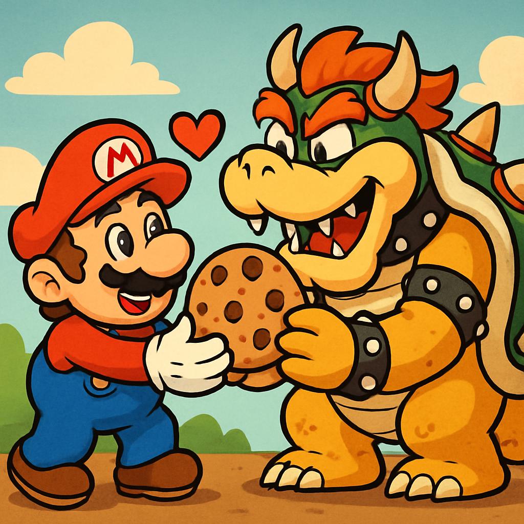 Mario loving bowser with a cookie Blank Meme Template