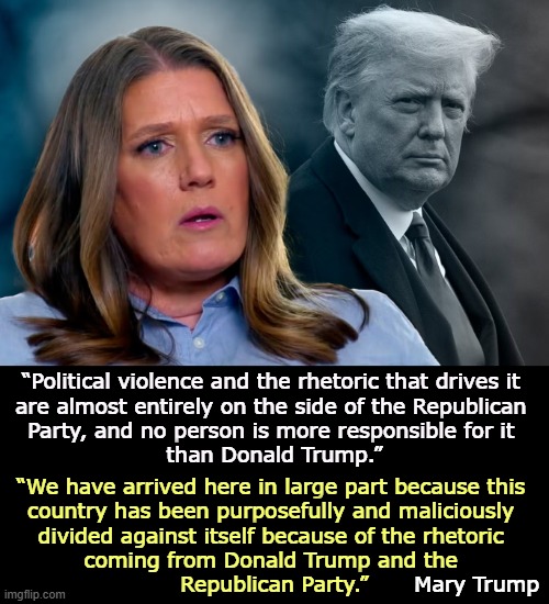 Americans left and right agree that political violence is unacceptable. Trump is creating division to save his own **s. | “Political violence and the rhetoric that drives it 
are almost entirely on the side of the Republican 
Party, and no person is more responsible for it 
than Donald Trump.”; “We have arrived here in large part because this 
country has been purposefully and maliciously 
divided against itself because of the rhetoric 
coming from Donald Trump and the 
Republican Party.”; Mary Trump | image tagged in trump,coarse,violence,mary trump,neice | made w/ Imgflip meme maker