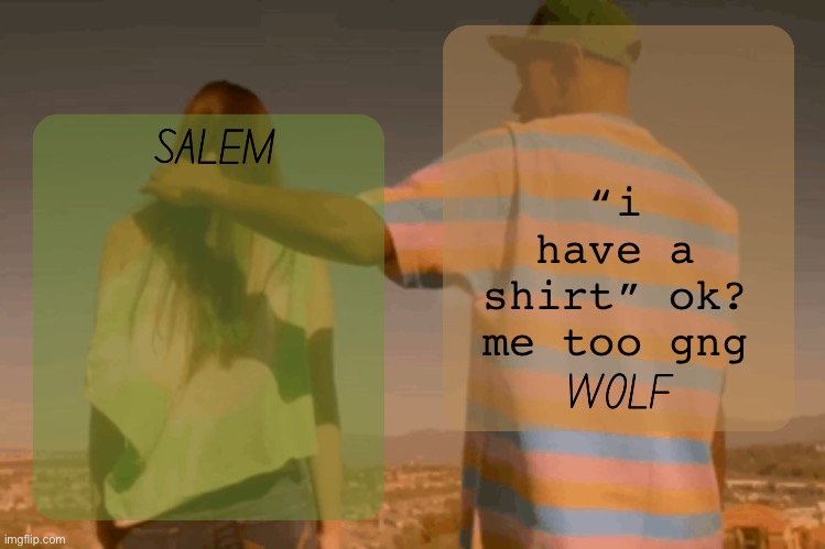 moons and foxed - salem n wolf temp | “i have a shirt” ok? me too gng | image tagged in moons and foxed - salem n wolf temp | made w/ Imgflip meme maker