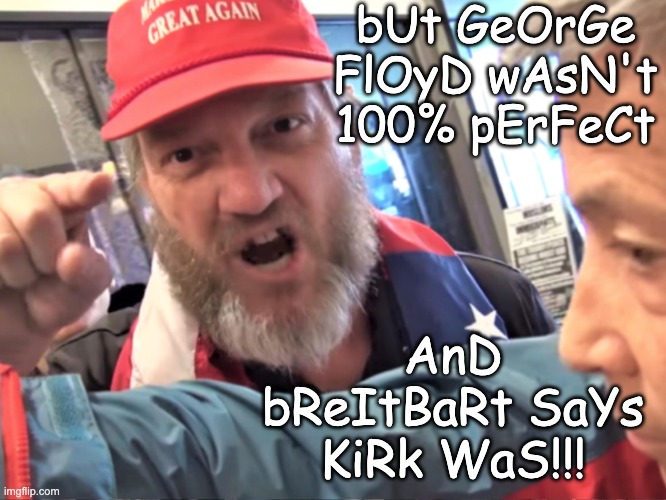 Angry Trump Supporter | bUt GeOrGe FlOyD wAsN't 100% pErFeCt AnD bReItBaRt SaYs KiRk WaS!!! | image tagged in angry trump supporter | made w/ Imgflip meme maker