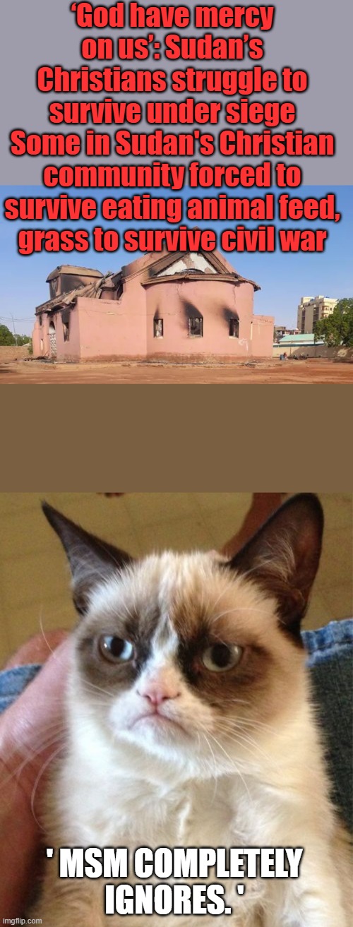 Any stories on MSM ? | ‘God have mercy on us’: Sudan’s Christians struggle to survive under siege
Some in Sudan's Christian community forced to survive eating animal feed, grass to survive civil war; ' MSM COMPLETELY IGNORES. ' | image tagged in memes,grumpy cat | made w/ Imgflip meme maker