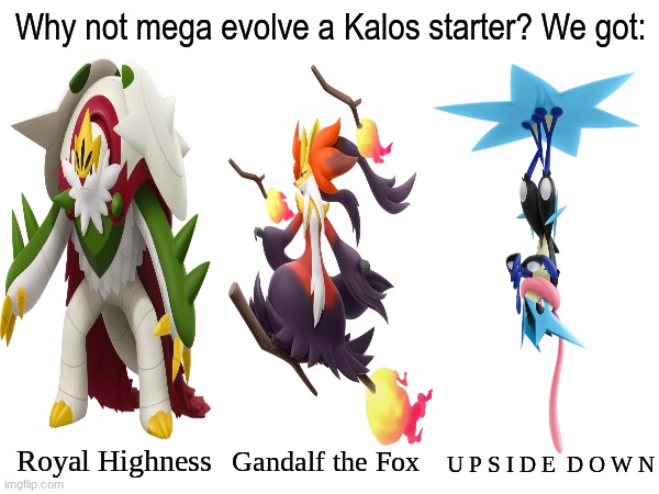 Legends Z-A Mega Kalos Starters | Why not mega evolve a Kalos starter? We got:; Royal Highness; Gandalf the Fox; U P S I D E  D O W N | image tagged in memes,funny,pokemon,video games | made w/ Imgflip meme maker