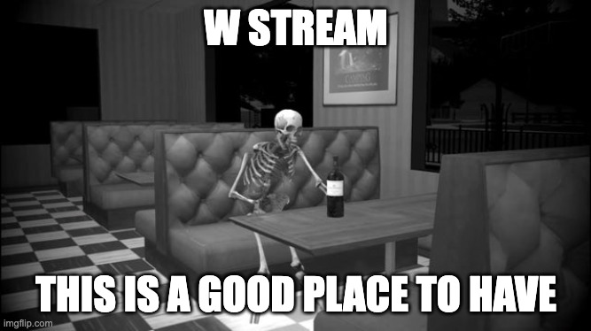 guhfyughg | W STREAM; THIS IS A GOOD PLACE TO HAVE | image tagged in sad skeleton | made w/ Imgflip meme maker