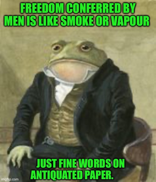 Colonel Toad | FREEDOM CONFERRED BY MEN IS LIKE SMOKE OR VAPOUR; JUST FINE WORDS ON ANTIQUATED PAPER. | image tagged in colonel toad | made w/ Imgflip meme maker
