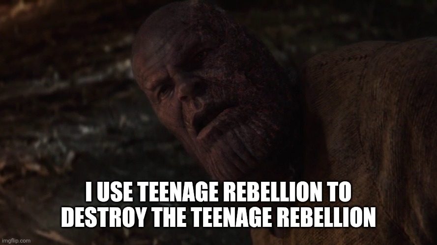 i used the stones to destroy the stones | I USE TEENAGE REBELLION TO DESTROY THE TEENAGE REBELLION | image tagged in i used the stones to destroy the stones | made w/ Imgflip meme maker