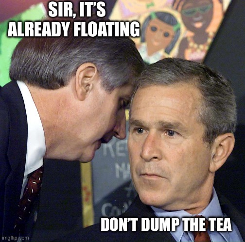 Georgie porgie | SIR, IT’S ALREADY FLOATING; DON’T DUMP THE TEA | image tagged in georgie porgie | made w/ Imgflip meme maker
