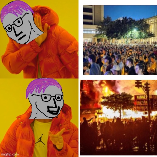 Mostly peaceful vs prayer vigil | image tagged in memes,drake hotline bling,politics lol,derp | made w/ Imgflip meme maker