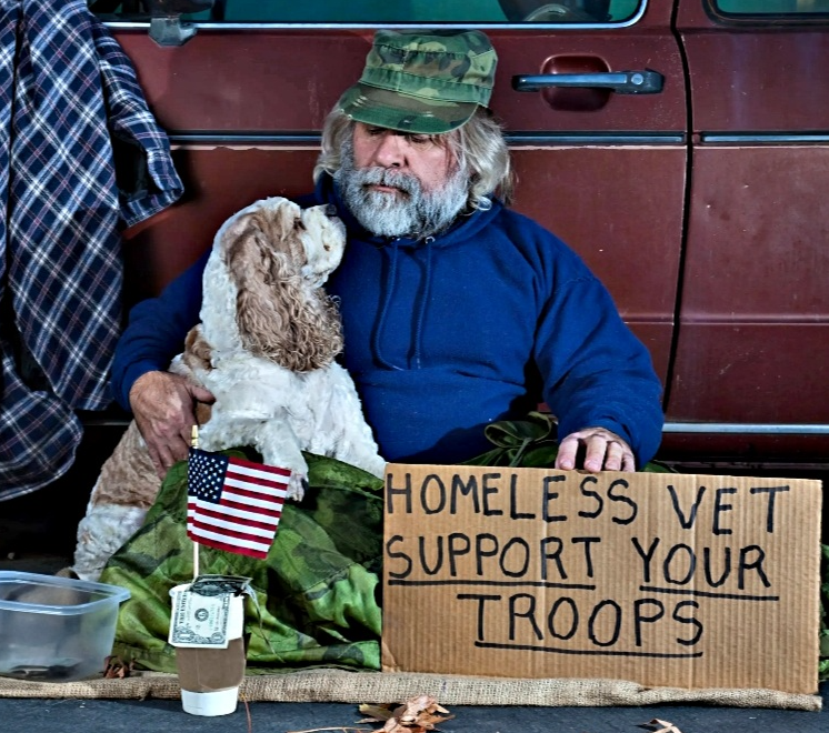 Homeless vet with dog Blank Meme Template