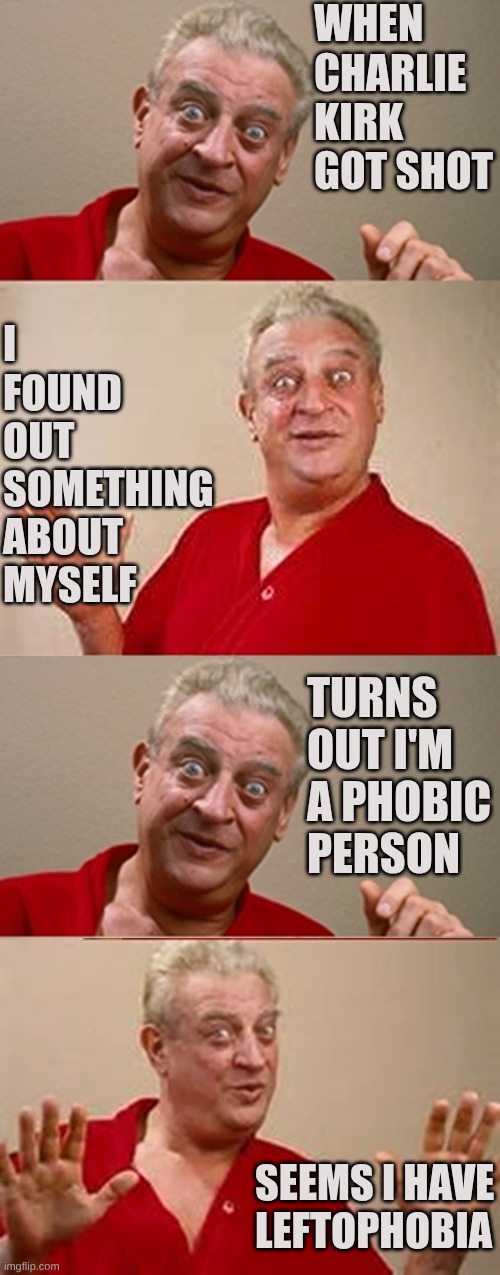 Yeah we are all suffering from that these days | WHEN CHARLIE KIRK GOT SHOT; I FOUND OUT SOMETHING ABOUT MYSELF; TURNS OUT I'M A PHOBIC PERSON; SEEMS I HAVE LEFTOPHOBIA | image tagged in rodney | made w/ Imgflip meme maker